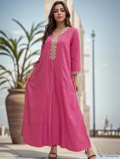 Orcajump - Allover Print LaceTape Stitching Abayas, Elegant V-neck Maxi Length Dress, Women's Clothing Eid Anarkali V-neck Dress, Festive Anarkali Maxi Dress With V-neck, Pink Long Sleeve Anarkali Kaftan, Pink Anarkali Style Long Sleeve Kaftan, Pink Anarkali Kaftan With Long Sleeves, Pink Anarkali V-neck Dress, Pink Anarkali Dress With V-neck, Pink V-neck Anarkali Dress, V-neck Kurta For Beach And Eid