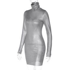 Features: Upgrade your wardrobe with our elegant Silver Turtleneck Long Sleeve Mini Dress. This dress is perfect for any occasion, whether it's a night out or a special event. The sparkly bodycon design will surely turn heads, while the classic turtleneck and long sleeves will keep you warm and stylish in the autumn and winter months. A must-have for any fashion-forward woman. Elegant Fitted Bodycon Dress For Club, Elegant Slim Fit Bodycon Dress For Fall, Trendy Fitted Bodycon Dress For Evening, Solid High Neck Mini Dress For Night Out, Solid Color High Neck Mini Dress For Night Out, Sleek Fitted Bodycon Dress For Party Season, Winter Formal Fitted Bodycon Dress, Sleek Fitted Bodycon Dress For Night Out, Elegant Winter Bodycon Mini Dress