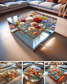 the table is made out of glass with flowers on it and has candles in it