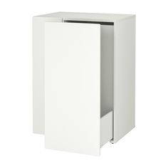 a white cabinet with one door open and two drawers on the bottom, in front of a white background