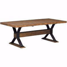 a wooden table with metal legs and an x - base design on the top, against a white background