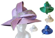 This designer couture dressy satin ribbon hat is a true showstopper, perfect for church, weddings, or any special occasion. With a rounded crown, a long 6-inch down-turned brim, and a large satin ribbon bow adorned with crystal rhinestones, this hat exudes elegance. The crown and brim are also embellished with loose crystal stones. Available in Lavender, White, Champagne, Royal, or Emerald, it features an adjustable sweatband inside to ensure a comfortable fit for most head sizes. Elegant Wedding Hats With Ribbon, Elegant Short Brim Hat With Ribbon, Elegant Fitted Fascinator With Ribbon, Formal Fitted Hats With Ribbon, Elegant Church Hat With Ribbon, Kentucky Derby Hats With Ribbon For Church, Formal Hat With Ribbon And Curved Brim, Elegant Formal Mini Hats With Ribbon, Fitted Wedding Hat With Ribbon