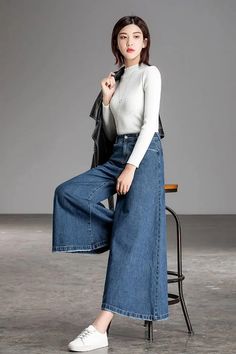 Casual Wide Leg Ankle Length Jeans Pants – Tomscloth Fall Wide-leg Jeans, Non-stretch Wide-leg Jeans For Fall, Winter Wide Leg Relaxed Fit Bottoms, Wide Leg Jeans For Winter Workwear, Fall Full-length Denim Pants, Wide Leg Relaxed Fit Bottoms For Winter, Wide Leg Bottoms For Winter With Relaxed Fit, Stretch Wide Leg Jeans For Fall, Winter Denim Bottoms