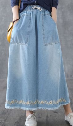 Denim Casual Cotton loose fitting Women's Skirts DZA200632 Casual Non-stretch Skirt With Pockets, Knee-length Relaxed Denim Skirt With Pockets, Relaxed Knee-length Denim Skirt With Pockets, Casual Baggy Skirt For Spring, Casual Knee-length Relaxed Fit Skirt, Long Skirt With Pockets For Spring, Casual Baggy Midi Skirt, Baggy Knee-length Summer Skirt, Bohemian Long Skirt In Solid Color