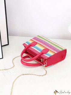 BirdinBag - Compact Square Bag with Dual Color Block Handles, Perfect for Getaways Multicolor Top Handle Bag With Zipper Closure, Multicolor Top Handle Satchel With Mobile Phone Bag, Multicolor Shoulder Bag Satchel For Vacation, Multicolor Top Handle Bag With Phone Pocket, Multicolor Rectangular Bucket Bag With Detachable Strap, Rectangular Multicolor Bucket Bag With Detachable Strap, Multicolor Vacation Satchel With Adjustable Strap, Casual Multicolor Top Handle Bucket Bag, Pink Vacation Bag With Detachable Strap