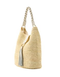 This beige raffia bag from Laggo is the perfect summer beach bag. Large enough to carry all of your essentials, this shoulder bag features a tassel and a braided leather handle. Pair this bag with a pair of jeans and a light top for a hot summer day. Luxury Top Handle Hobo Bag For Beach, Luxury Summer Hobo Bag For The Beach, Luxury Beige Hobo Bag For Summer, Luxury Beige Shoulder Bag For Summer, Luxury Beach Hobo Bag With Top Handle, Luxury Double Handle Beige Straw Bag, Luxury Beige Hobo Bag For Beach, Luxury Chic Hobo Bag For Beach, Luxury Natural Hobo Bag For Beach