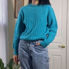 A Nice And Chunky Cable Knit Sweater. A Bright And Beautiful Light Blue Color (The Color Is More Accurate In The Try-On Photos). I Love The Contrasting Patterns In The Knitting On This Sweater. In Excellent Condition, Appear Unworn. Flay Lay Measurements Pit To Pit 20” Sleeve 23” Shoulder 18” Length 22.5” Vintage Items May Come With Minor Flaws Due To Pre-Loved Wear. Color Of Product May Slightly Vary Compared To Photo Due To Lighting. Please Enjoy And Appreciate This Item With Its Character. Vi Blue Fitted Textured Knit Sweater, Fitted Blue Chunky Knit Sweater, Blue Knitted Top With Relaxed Fit, Cozy Fitted Blue Sweater, Blue Relaxed Fit Knit Sweater, Blue Knitted Sweater With Relaxed Fit, Blue Cable Knit Crew Neck Sweater, Blue Chunky Knit Crew Neck Top, Blue Cable Knit Sweater With Crew Neck