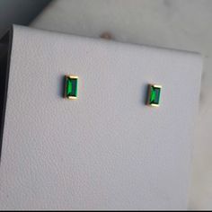 Lab Grown Emerald Baguette Stud Earrings, Carefully Set Into 14k Yellow Gold Stone Size: 4x2mm Comes With 4.2mm Push-Closures, 14k Yg Simple Emerald Earrings, Baguette Studs, Emerald Stud Earrings, Yellow Gold Color, Emerald Earrings Studs, Gold Stone, Emerald Earrings, Green And Gold, Lab Grown