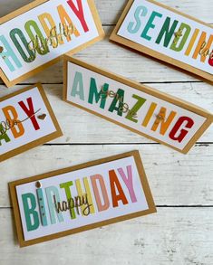 three birthday cards with the words happy birthday on them, sitting next to each other