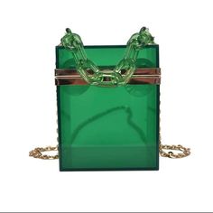 Women’s Handbag/Tote Acrylic Cube Emerald Can Be Worn Crossbody As Well As A Tote 4 X 4 X 6 (Dimensions) Detachable Shoulder Strap Hangs At 24in Trendy Green Square Box Bag, Trendy Green Evening Box Bag, Green Square Party Bag, Green Square Party Bags, Trendy Green Box Bag For Evening, Chic Green Pouch Evening Bag, Green Rectangular Evening Bag With Removable Pouch, Chic Green Rectangular Evening Bag, Green Rectangular Evening Shoulder Bag