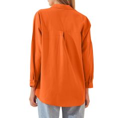 Orange Solid Cotton Button Long Sleeve Shirt Solid Button-up Blouse With Placket, Casual Plain Office Blouse, Workwear Plain Button-up Tops, Plain Button-up Top For Work, Plain Button-up Tops For Workwear, Casual Plain Collared Blouse, Casual Collared Plain Blouse, Plain Collared Blouse For Fall, Plain Collared Tops For Fall