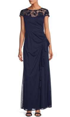 Alex Evenings 81171507 - Embroidered Illusion Evening Dress Mother of the Bride Dresses 2 / Navy Alex Evenings, Evening Dresses With Sleeves, Bateau Neckline, Embroidered Caps, Dress 16, Tulle Fabric, Navy Color, Mother Of The Bride Dresses, Cap Sleeves