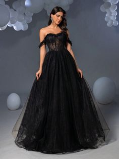 Off Shoulder Back Lace Up Mesh Formal Dress Black Elegant Prom Evening Wedding Guest Gown, For Graduation, Dinner Black Elegant  Sleeveless Mesh Fabric Plain A Line Slight Stretch All Weddings & Events, size features are:Bust: ,Length: ,Sleeve Length: Black Plus Size Wedding Dress, Mesh Formal Dress, Black Lace Ball Gown, Formal Dress Black, Tux Dress, Elegant Evening Dresses, Wedding Tux, Wedding Guest Gowns, Off Shoulder Long Dress