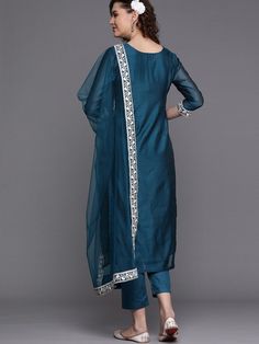 Buy enchanting teal embroidered kurta with pants and net dupatta. for women which is crafted from chanderi cotton fabric with beautiful trendy style and pattern. Net Dupatta, Kurta With Pants, Kurta Set, Trendy Style, Trendy Fashion, Cover Up, Cotton Fabric, For Women, Pants