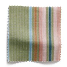 an image of a fabric swatch that is green and pink with blue, orange and white stripes