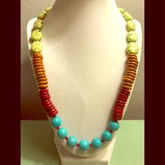 Colorful Necklace. Made By Me And Never Worn. Brightens Any Outfit. Turquoise Beads, Orange And Red Wooden Beads. Multicolor Turquoise Necklace With Round Beads For Beach, Multicolor Turquoise Beach Necklace With Round Beads, Adjustable Multicolor Beaded Turquoise Necklace, Vibrant Beaded Necklaces With Round Beads As Gift, Multicolor Single Strand Turquoise Necklace Gift, Multicolor Single Strand Turquoise Necklace For Gift, Multicolor Turquoise Necklace With Spacer Beads As Gift, Unique Multicolor Turquoise Necklace With Colorful Beads, Gift Turquoise Necklace With Multicolor Spacer Beads