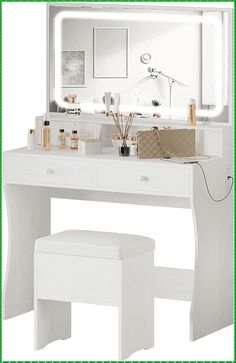 a white vanity table with a mirror and stool