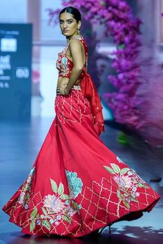 Red attached cancan lehenga with placement floral, quatrefoil embroidery. Paired with a cutwork, padded blouse with floral vine embroidery. - Aza Fashions Red Sleeveless Lehenga For Weddings, Sleeveless Red Lehenga For Wedding, Red Lehenga For Wedding, Red Sharara With Floral Embroidery For Wedding, Red Sleeveless Traditional Wear For Wedding, Red Floor-length Lehenga With Floral Embroidery, Red Sets With Pallu For Ceremony, Red Floral Embroidered Floor-length Lehenga, Red Floral Embroidered Choli For Wedding