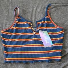 Nwt - Never Worn Romwe 80's Striped Vneck Tanktop, Blue Yellow Red Green With 3 Buttone Small Croped Tank Top - Half Tank Top Striped Tank Top Outfit, Barry B Benson, 80s Tops, Really Loud House, Young Outfit, Tank Top Outfit, Alaska Young, Ribbed Crochet, Satin Tank Top