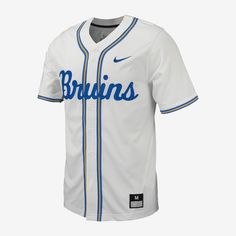 Rep UCLA Baseball while looking like you just stepped off the diamond yourself in this replica baseball jersey. Team details pair with a button-down design and a classic fit to give you a look that's ready for every day, not just game day. White Team Spirit Jersey For College, White Jersey For College With Team Spirit Style, White College Jersey With Team Logo, College White Jersey With Team Logo, White Sporty Jersey For College, Sporty White College Jersey, White Sporty College Jersey, White Baseball Jersey With Team Logo For College, White College Baseball Jersey With Team Logo