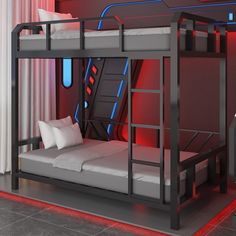 a bunk bed with a futon underneath it in a room that has red and blue lighting