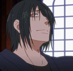 an anime character with black hair and red eyes looking at something in front of him