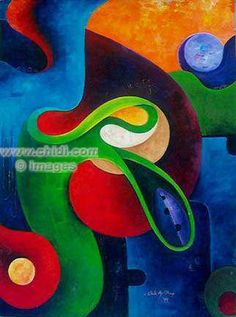 an abstract painting with many colors and shapes