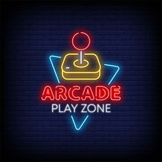 the arcade game neon sign is lit up against a dark brick wall, with an arrow pointing