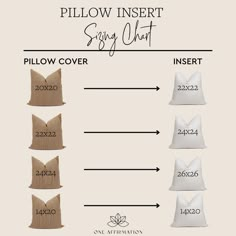 the pillow inserts for pillows are shown in different sizes and colors, along with measurements