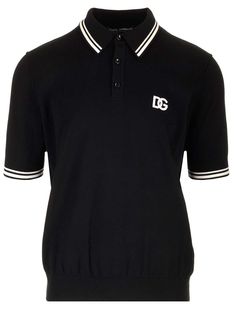 Slim fit polo shirt in black stretch cotton with short sleeves with stitched logo from Dolce & Gabbana. Designer Black Polo Shirt With Ribbed Collar, Designer Black Polo Shirt With Collared Neckline, Black Designer Polo Shirt With Collared Neckline, Designer Short Sleeve Tops With Ribbed Collar, Designer Short Sleeve Top With Ribbed Collar, Luxury Black Polo Shirt With Short Sleeves, Luxury Black Short Sleeve Polo Shirt, Designer Tops With Embroidered Logo, Designer Top With Embroidered Logo And Collared Neckline