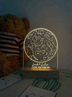 a teddy bear sitting next to a lamp that says look and love you forever