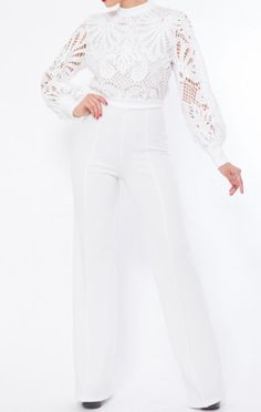 Color: white Description: this a bodysuit with lace top and stretchy shorts pants. Material: 95% polyester & 5% elastane Fitted Lace Top Bottoms For Party, Fitted Party Bottoms With Lace Top, White Elastane Summer Pants, White Elastane Pants For Summer, Spring Party Pants With Lace Trim, White Elastane Bodysuit, Chic White Elastane Pants, Elegant Stretch Bodysuit With Lace Top, White High Waist Elastane Pants