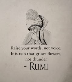 an old man wearing a turban with a quote from rumi on it