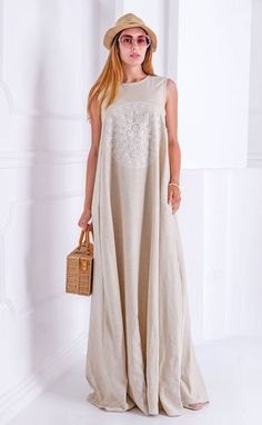 "Elegant summer maxi dress in neutral beige color with  pockets Color: neutral beige Style: Elegant, casual Fabric: 100 % linen Silhouette: A-silhouette Neckline: Oval Sleeve: no sleeve Details: pockets Fastening: back zipper Length: 57.08 inch / 145 cm Model wears: UK 8/ EU 36/ US 4 Model's height: 170 cm / 67 inch / 5'57\" Care instructions: Hand wash, cool water up to 30 degrees, no bleach." Elegant Linen Maxi Dress With V-neck, Beige V-neck Linen Dress For Beach, Elegant Beige Maxi-length Kaftan, Bohemian Beige V-neck Maxi Dress, Beige Linen V-neck Maxi Dress, Long Linen Dress, Summer Maxi, Summer Linen Dresses, Beige Style