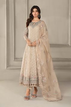 Beige Shade Designer Pakistani Party Dress Maria B Luxury Formal Bollywood Style Cream Dress With Sheer Dupatta, Cream Anarkali Dress For Transitional Season, Beige Dress With Dabka Work For Reception, Beige Semi-stitched Dress For Reception, Cream Dress With Sheer Dupatta For Diwali, Cream Diwali Dress With Sheer Dupatta, Cream Dress With Sheer Dupatta For Festivals, Eid Reception Dress With Chikankari Embroidery, Traditional Beige Dress With Chikankari Embroidery