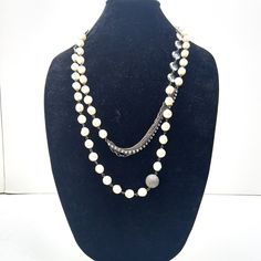 "vintage shiny pearl beaded opera length necklace. it has a portion of chain on it, and a portion of clear beads on it, with a couple of beads. measurements: 59\" great condition: light general age and wear" Formal Beaded Double Strand Pearl Necklace, Formal Double Strand Beaded Pearl Necklace, Double Strand Pearl Chain Beaded Necklaces For Layering, Vintage Double Strand Pearl Necklace, Double Strand Beaded Pearl Necklace, White Pearl Necklace With Double Chain, Vintage Double Strand Pearl Chain Necklace, Double Strand Pearl Necklace For Layering, Clear Beads