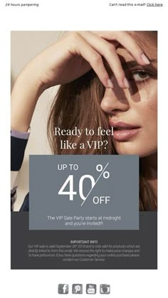 a woman with her hand on her head and the text, ready to feel like a vip? up to 40 % off