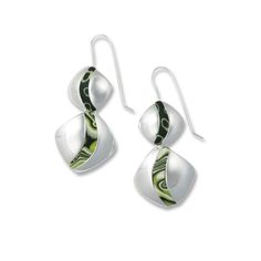 Silver & Polymer Clay Earrings - Just the right size and displaying lots of movement, these earrings are both casual and elegant. A visual blend of bright sterling silver with colorful, inlaid polymer clay. Lightweight and comfortable, they hang from Argentium ear wires. Elegant Green Earrings With Artistic Design, Modern Green Earrings As Gift, Contemporary Silver Jewelry With Artistic Design, Modern Green Earrings, Green Modern Sterling Silver Earrings, Modern Green Sterling Silver Earrings, Modern Multicolor Sterling Silver Earrings, Modern Green Dangle Earrings, Modern Green Drop Earrings