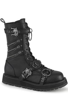 Demonia's Valor boot is a classic combat style. Added chunky zippers give them that bad-boy twist. Vegan 1 1/2" (38mm) Platform Lace-Up Front Mid-Calf Boot Featuring Harness Strap, Ornamental Metal Zip Closures at the Outer Side, 2 Metal Skull Buckle Straps & One Smaller Buckle Strap with O-Ring Details on Vamp Inside Metal Zip Closure U.S men's sizing - refer to size chart for more info Goth Boots Men, Edgy High-top Steel Toe Combat Boots, Metalhead Boots, Alternative Boots, Battle Mage, Thigh High Platform Boots, Alt Men, Edgy Boots, Alternative Shoes