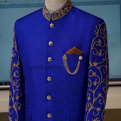 "Blue is the only color which maintains its own character in all its tones" so get customize this Uomo Attire's blue #prince #coat with full sleeve and ban embellishents for regal look at your big day. - Color is absolutely stunning, it's made to measure, so it's guaranteed to fit you perfectly. For online prices plz visit: https://uomoattire.com/ or ☎️ Call/WhatsApp on +92300-7668666 / 0300-7618666 Designer Blue Nehru Jacket, Designer Embellished Bandhgala, Designer Blue Nehru Jacket For Eid, Designer Blue Nehru Jacket With Zari Work, Formal Bandhgala With Embroidered Sleeves, Formal Fitted Bandhgala With Embroidered Sleeves, Designer Embroidered Long Sleeve Bandhgala, Formal Bandhgala With Embroidered Sleeves For Eid, Formal Fitted Sherwani With Embroidered Sleeves