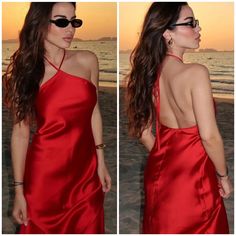 Perfect For Valentine’s Day Red Mini Slip Dress For Summer, Red Mini Length Slip Dress For Summer, Chic Halter Neck Holiday Dresses, Spring Red Backless Midi Dress, Red Backless Midi Dress For Spring, Red Slip Dress For The Beach, Chic Red Backless Slip Dress, Red Slip Dress For Beach, Red Backless Slip Dress For Night Out