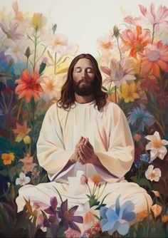 a painting of jesus sitting in the middle of flowers with his hands folded up and eyes closed