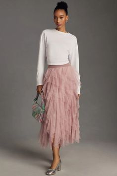 The Chéri Ruffled Tulle Midi Skirt by Anthropologie | Anthropologie Style Pink Tulle Skirt, Tulle Skirt Sweater Outfit, Napa Outfit, Cream Tulle Skirt, Tulle Skirt Outfit, Soft Summer Fashion, Anthropologie Fashion, Tulle Skirts Outfit, Pink Tulle Skirt