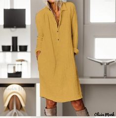 Olivia Mark - Solid Color Cotton Linen Long Sleeve Dress Womens Shift Dresses, Breezy Dress, Cotton Linen Dresses, Work Home, Linen Shirt Dress, Linen Midi Dress, Shift Dresses, Solid Color Dress, Turndown Collar