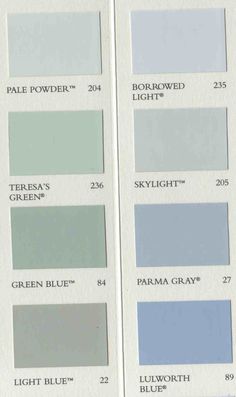 the shades of gray and blue are shown in this color chart for paint colors that match each other