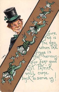 a drawing of a boy wearing a top hat and holding a banner with green fish on it