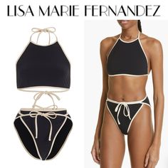 Lmf Is An Authentic Reflection Of The Life And Style Of Its Founder This Two-Piece Bikini Is Crafted From Smooth Stretch Nylon And Features A Halter Style Top And Side-Tie Bottoms With Contrast Trim Detailing. Cream-Colored Trim Borders A Matte-Black Bikini That Flaunts A High Halter Neck And Playful Side Ties. Side Ties Unlined 85% Nylon, 15% Elastane Hand Wash, Dry Flat Made In The Usa New With Tags Buy More Save More !!! Please Check Out My Closet And Follow Me :-) Colored Trim, Lisa Marie Fernandez, Halter Style, Contrast Trim, Black Cream, Halter Neck, Womens Swim, Borders, Matte Black