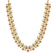 This extravagant 22k yellow gold and gemstone necklace set features exquisite elements and details that are simply breathtaking. The beautiful emeralds, rubies, and cubic zirconia decorating engraved depictions of deities and seahorses give this 22k temple jewelry necklace and earring set a dazzling appeal.Features• 22k yellow gold• Emerald• Ruby• Cubic zirconia• Deities• SeahorsesVirani Jewelers bridal jewelry made from 22k gold brings together the beauty and significance of Indian culture and Festival 22k Gold Multi-stone Jewelry, Ceremonial Gold Multi-stone Necklace, Gold Multi-stone Necklace For Ceremonial Occasions, Gold Multi-stone Necklaces For Celebration, Traditional Gold Multi-stone Necklace, 22k Gold Multi-stone Temple Jewelry Necklace, 22k Gold Multi-stone Temple Necklace, Festive Gold Temple Necklace With Multi-stone, Multi-stone Temple Jewelry Necklaces