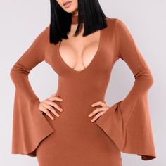 Rustish Color, Bell Sleeves , Very Stretchy, Never Worn . No Flaws Brown V-neck Mini Dress For Party, Brown Stretch V-neck Bodycon Dress, Brown Fitted V-neck Bodycon Dress, Stretch Brown V-neck Bodycon Dress, Fitted V-neck Brown Bodycon Dress, Brown Mini Length Bodycon Dress For Winter, Winter Brown Mini Length Bodycon Dress, Brown Stretch Mini Dress, Brown Long Sleeve Mini Dress For Night Out