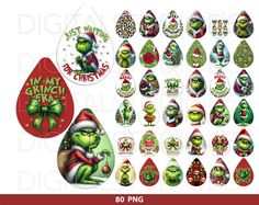 the grinch christmas ornament collection is shown in red, green and white